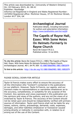 Archaeological Journal the Capells of Rayne Hall, Essex