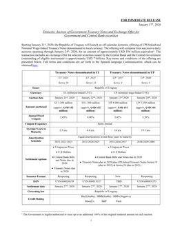 Domestic Auction of Government Treasury Notes and Exchange Offer for Government and Central Bank Securities