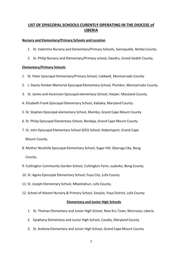 LIST of EPISCOPAL SCHOOLS CURENTLY OPERATING in the DIOCESE of LIBERIA