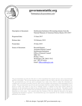 Smithsonian Institution (SI) Meeting Minutes from the National Museum of American History Board, 2012-2017