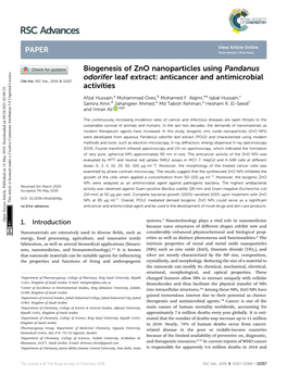 Biogenesis of Zno Nanoparticles Using Pandanus Odorifer Leaf Extract: Anticancer and Antimicrobial Cite This: RSC Adv.,2019,9, 15357 Activities