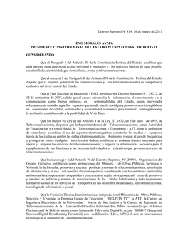 Decreto Supremo Nº 819, 16 De Marzo De 2011 EVO MORALES AYMA PRESIDENTE CONSTITUCIONAL DEL ESTADO PLURINACIONAL DE BOLIVIA CONS