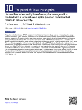 Human Thiopurine Methyltransferase Pharmacogenetics. Kindred with a Terminal Exon Splice Junction Mutation That Results in Loss of Activity