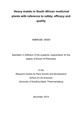 Heavy Metals in South African Medicinal Plants with Reference to Safety, Efficacy and Quality