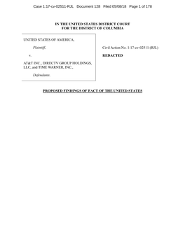 PROPOSED FINDINGS of FACT of the UNITED STATES Case 1:17-Cv-02511-RJL Document 128 Filed 05/08/18 Page 2 of 178