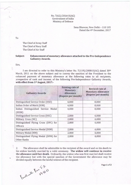 Enhancement of Monetary Allowance Attached to the Pre-Independence Gallantry Awards
