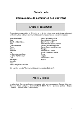 Statuts De La Communauté De Communes Des Coëvrons