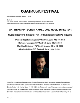 Matthias Pintscher Named 2020 Music Director