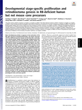 Developmental Stage-Specific Proliferation and Retinoblastoma Genesis in RB-Deficient Human but Not Mouse Cone Precursors