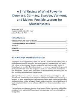 A Brief Review of Wind Power in Denmark, Germany, Sweden, Vermont, and Maine: Possible Lessons for Massachusetts