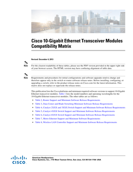 Cisco 10-Gigabit Ethernet Transceiver Modules Compatibility Matrix