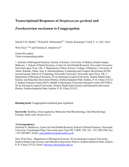 Transcriptional Responses of Streptococcus Gordonii And