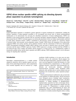 USP42 Drives Nuclear Speckle Mrna Splicing Via Directing Dynamic Phase Separation to Promote Tumorigenesis