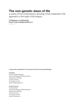 The Non-Genetic Dawn of Life a Review of the Contemporary Standing of the Metabolism-First Approach to the Origin of Life Enigma