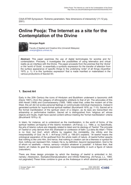 Online Pooja: the Internet As a Site for the Contemplation of the Divine