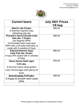 Current Beers July 2021 Prices 1/6 Keg Albert’S Ale 6%Abv