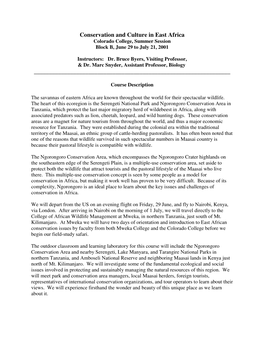 Colorado College 2001 East Africa Course Syllabus