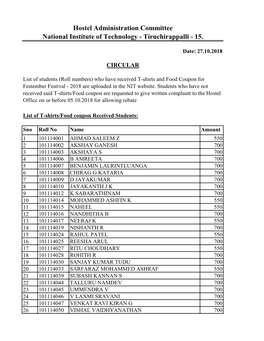 Hostel Administration Committee National Institute of Technology - Tiruchirappalli - 15