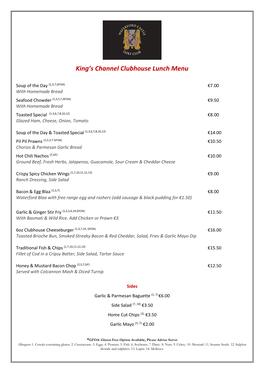 King's Channel Clubhouse Lunch Menu
