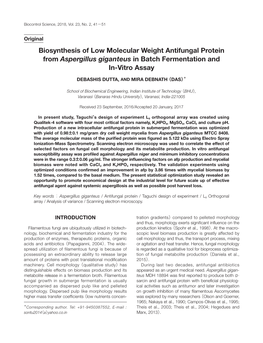 Biosynthesis of Low Molecular Weight Antifungal Protein from Aspergillus Giganteus in Batch Fermentation and In-Vitro Assay