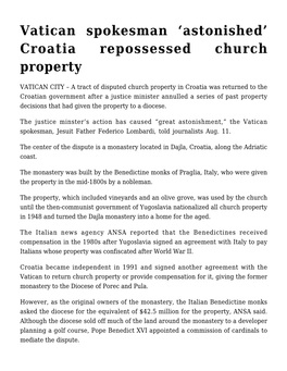 Vatican Spokesman 'Astonished' Croatia Repossessed Church Property