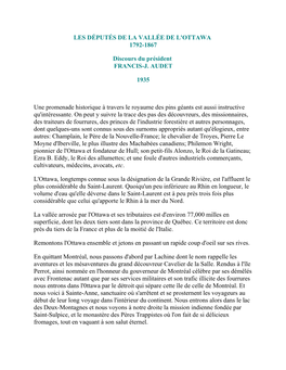 LES DÉPUTÉS DE LA VALLÉE DE L'ottawa 1792-1867 Discours Du