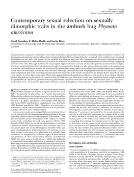 Contemporary Sexual Selection on Sexually Dimorphic Traits in the Ambush Bug Phymata Americana