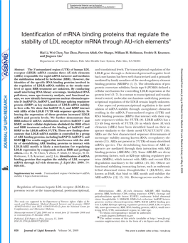 Identification of Mrna Binding Proteins That Regulate the Stability of LDL Receptor Mrna Through AU-Rich Elements