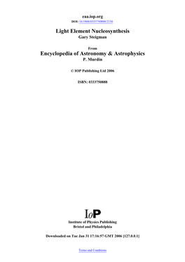 Light Element Nucleosynthesis Encyclopedia of Astronomy