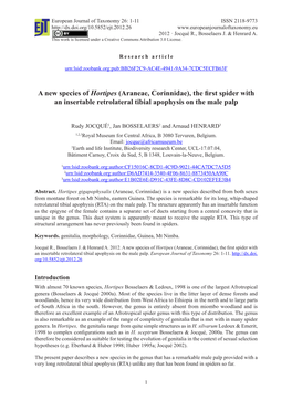 A New Species of Hortipes (Araneae, Corinnidae), the First Spider with an Insertable Retrolateral Tibial Apophysis on the Male Palp