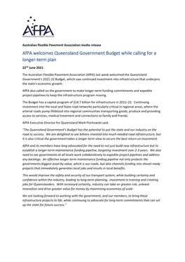 Afpa Welcomes Queensland Government Budget While Calling for a Longer-Term Plan