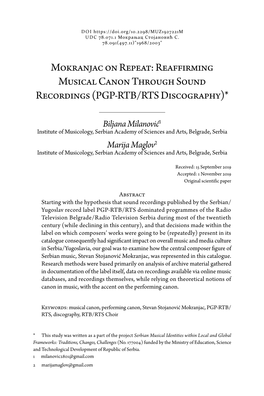 Mokranjac on Repeat: Reaffirming Musical Canon Through Sound Recordings (PGP-RTB/RTS Discography)*