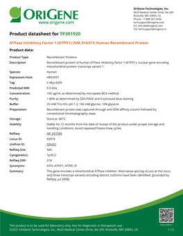 Atpase Inhibitory Factor 1 (ATPIF1) (NM 016311) Human Recombinant Protein Product Data
