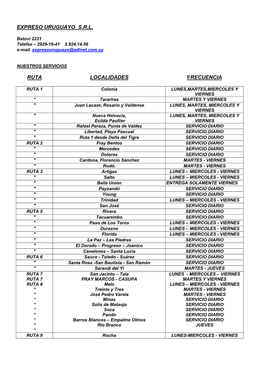 Expreso Uruguayo S.R.L. Ruta Localidades Frecuencia