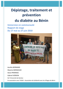 Dépistage, Traitement Et Prévention Du Diabète Au Bénin Immersion En Communauté Rapport De Stage Du 17 Mai Au 27 Juin 2010