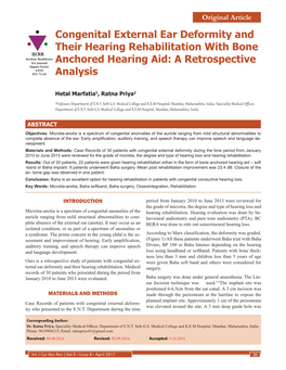 Congenital External Ear Deformity and Their Hearing Rehabilitation with Bone IJCRR Section: Healthcare Sci