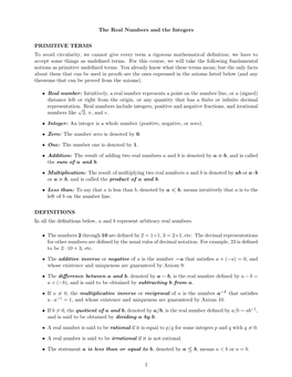 The Real Numbers and the Integers PRIMITIVE TERMS to Avoid