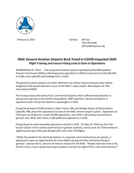 MAC General Aviation Airports Buck Trend in COVID-Impacted 2020 Flight Training and Leisure Flying Lead to Gain in Operations