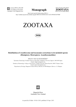 Redefinition of Acanthosoma and Taxonomic Corrections to Its Included Species (Hemiptera: Heteroptera: Acanthosomatidae)