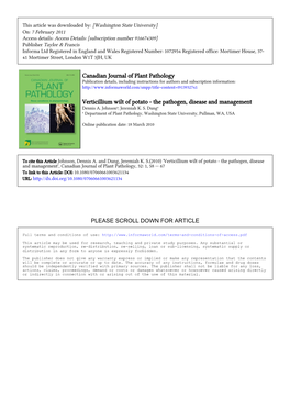 Verticillium Wilt of Potato -The Pathogen, Disease and Managment