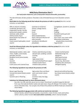 Milk/Dairy Elimination Diet 2 (For Food Protein Intolerance, Such As Food Protein Induced Enterocolitis, Proctocolitis)