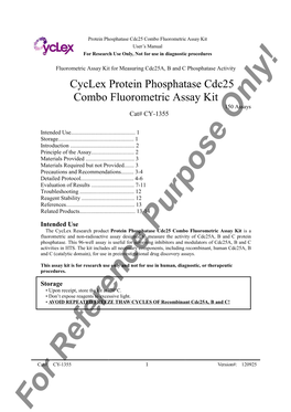 For Reference Purpose Only! Protein Phosphatase Cdc25 Combo Fluorometric Assay Kit User’S Manual for Research Use Only, Not for Use in Diagnostic Procedures