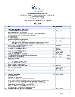 BOARD of DIRECTORS MEETING 201 Centre Plaza Drive, Suite 1100, Monterey Park, CA 91754 Large Conference Room Monday April 15, 2013, 8Am