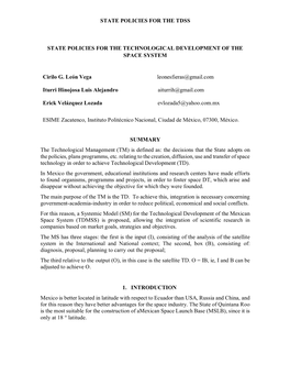 STATE POLICIES for the TDSS STATE POLICIES for the TECHNOLOGICAL DEVELOPMENT of the SPACE SYSTEM Cirilo G. León Vega Leones