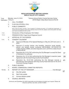 REGULAR BUSINESS MEETING AGENDA MAPLE VALLEY CITY COUNCIL Monday, June 10, 2019 Tahoma School District Central Services Center 7