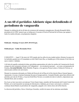 A Sus 60 El Periódico Adelante Sigue Defendiendo El Periodismo De Vanguardia