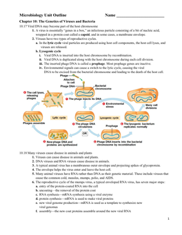 Microbiology Unit Outline Name ______Chapter 10: the Genetics of Viruses and Bacteria 10.17 Viral DNA May Become Part of the Host Chromosome 1
