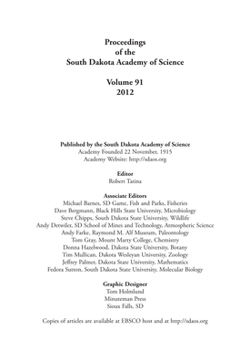 Proceedings of the South Dakota Academy of Science Volume 91 2012