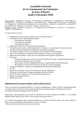 Assemblée Générale De La Communauté De Communes Du Pays D'huriel Lundi 14 Décembre 2020