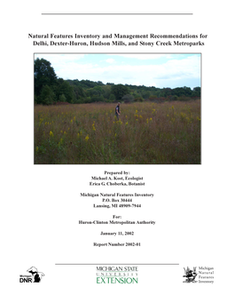 Natural Features Inventory and Management Recommendations for Delhi, Dexter-Huron, Hudson Mills, and Stony Creek Metroparks